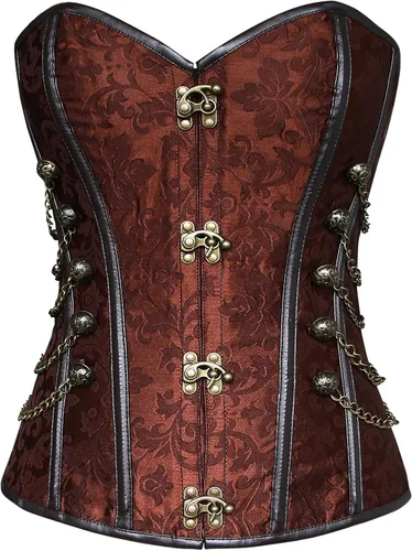 Vista 11 de Charmian - Corsé Steampunk gótico con espiral de acero para mujer, con cadenas Negro