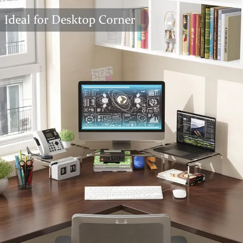 Vista 3 de X-cosrack Soporte de Monitor de Acrílico Transparente con Elevador, Soporte Ajustable de Doble Monitor con 3 Estantes y Alfombrilla Antideslizante