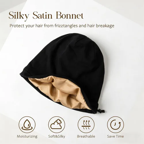 Vista 2 de 2 gorros de seda ajustables para dormir, gorro de dormir con forro de satén para mujeres y hombres, gorro de seda para el cabello holgado.