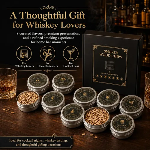 Vista 7 de Chips de madera para ahumar cócteles y whisky, juego de repuesto de chips de madera de 8 sabores en latas de aluminio para kit de ahumador