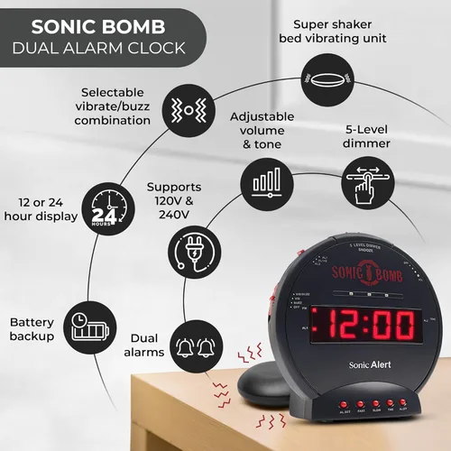 Vista 4 de Sonic Bomb - Reloj despertador doble extra fuerte con vibrador de cama, negro Sonic Alert vibrante, para personas de sueño pesado, batería