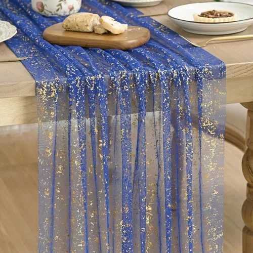 Vista 25 de Artoid Mode Camino de mesa de gasa color beige dorado de 120 pulgadas, 10 pies, lámina metálica con purpurina transparente para comedor, boda