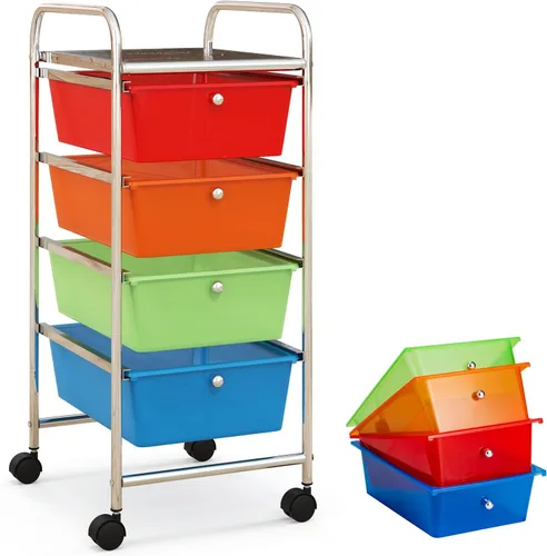 Vista 33 de COSTWAY Carrito de almacenamiento rodante con 4 cajones, carrito de almacenamiento de plástico y organizador con 4 cajones extraíbles, carrito