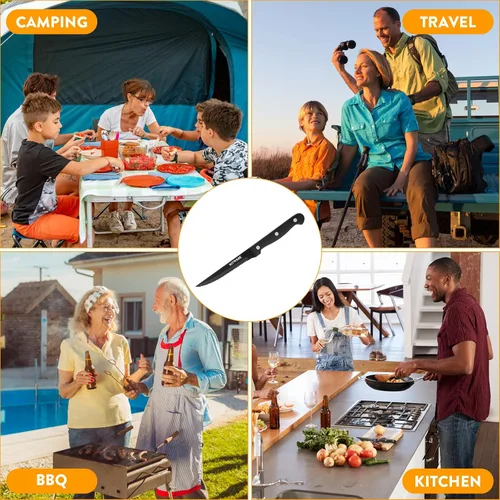 Vista 6 de Juego de 6 cuchillos negros para carne, juegos de carne afilados y dentados con caja de regalo, cubertería de mesa de acero inoxidable de 4.5