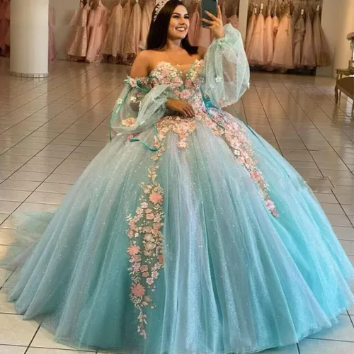 Vista 2 de Youjiayi Vestidos de quinceañera de manga hinchada, vestido de baile 3D floral dulce 15 16 vestidos de hombro descubierto vestidos de baile con cola