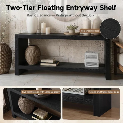 Vista 4 de LUMISOL Mesa de sofá de granja para detrás del sofá, mesa de entrada rústica de 2 niveles con chapa de madera, mesa consola rectangular delgada