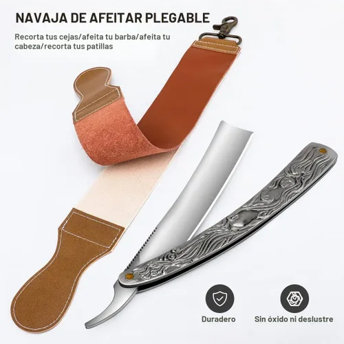 Vista 2 de Maquinilla de afeitar recta profesional con primera capa de piel de vacuno – Maquinilla de afeitar de peluquería de borde recto de acero inoxidable