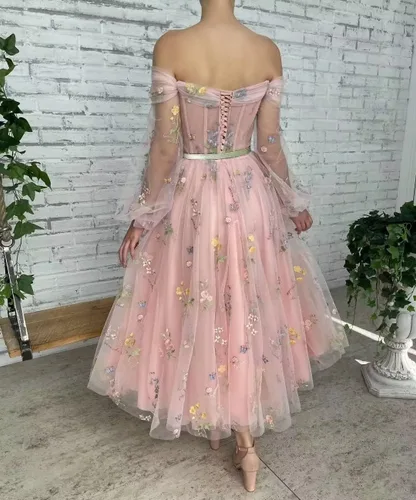 Vista 5 de Qgeno - Vestido de tul con bordado de flores y hombros descubiertos, vestidos de fiesta de noche formales con mangas abullonadas