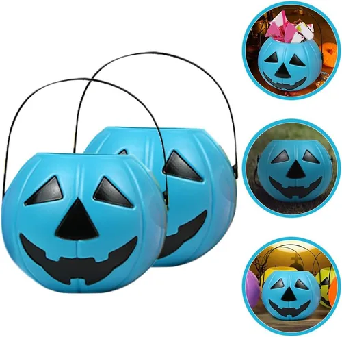 Vista 9 de Cubo de calabaza de Halloween con asa, soporte pequeño de plástico para dulces de calabaza para decoración y embalaje de fiesta de truco o trato