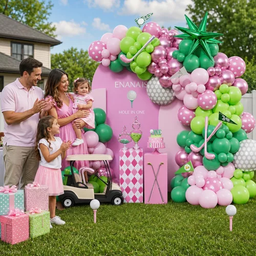 Vista 4 de Kit de arco de guirnalda de globos con agujero en uno para el primer Enana - 153 globos de color rosa y verde con palos de golf de estrellas