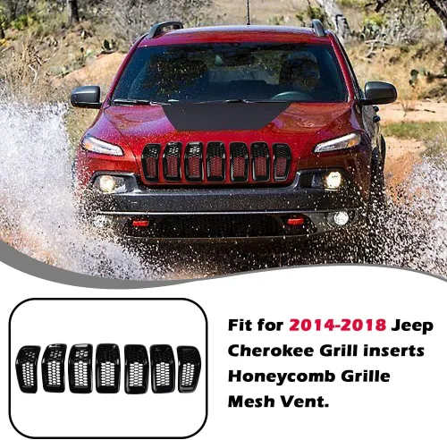 Vista 4 de JSCARLIFE J-eep Cherokee 2014-2018 ABS Honeycomb Grille Inserts Kit de 7 piezas - Cubiertas de malla estilo OEM Instalación con clip, moldura Negro