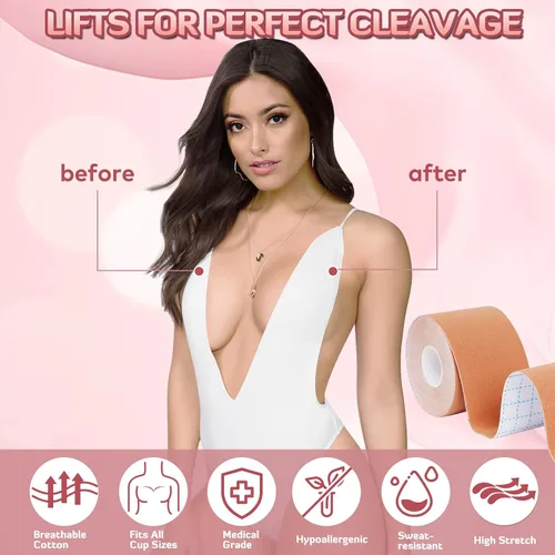 Vista 3 de Cinta adhesiva para pechos, cinta adhesiva para levantamiento de senos, kit de 60 cintas de mama con 2 rollos de cinta de levantamiento de senos