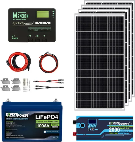 Vista 2 de ExpertPower Kit de energía solar de 1.3KWH 12V LiFePO4 12V 100Ah, paneles solares mono de 200 W, controlador de carga solar MPPT de 20 A, cargador