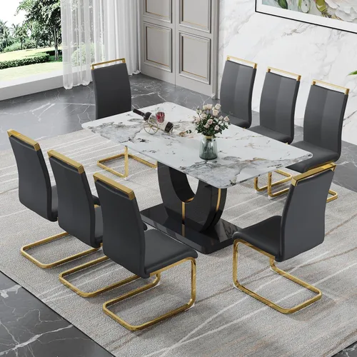 Vista 39 de JUFU Juego de mesa de comedor moderno para 4, juego de mesa de cocina rectangular de 63 pulgadas con mesa de mármol sintético y 4 sillas tapizadas