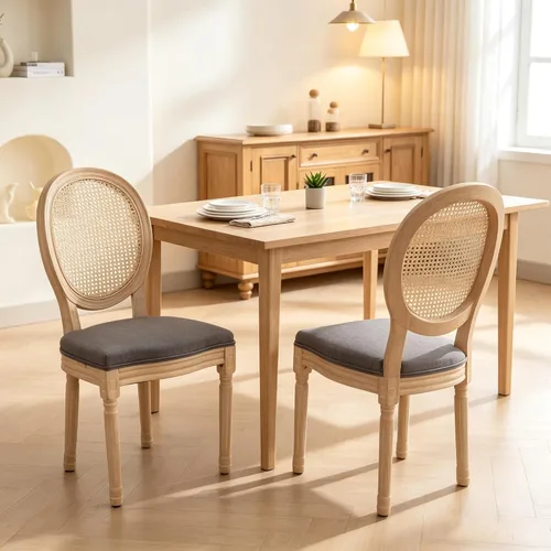 Vista 20 de French Country Set of 2 Dining Chairs, Linen Farmhouse Wood Chairs Beige