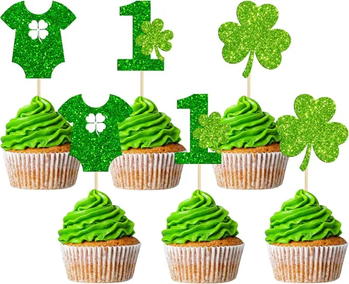 Vista 9 de Gyufise Paquete de 24 adornos para cupcakes del Día de San Patricio Lucky Oh Baby con decoraciones de cuatro hojas para pastel de baby shower de San