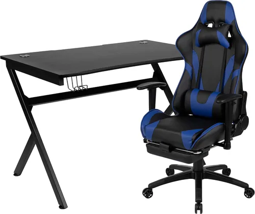 Vista 83 de Flash Furniture Juego de escritorio para juegos negro y silla de carreras blanco/negro con soporte para tazas, gancho para auriculares y soporte