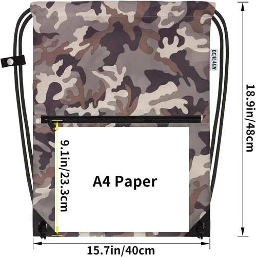 Vista 2 de CALACH Mochila deportiva con cordón, bolsa de gimnasio para yoga, viajes, para mujeres y hombres, tamaño grande con bolsillos con cremallera, MARRÓN