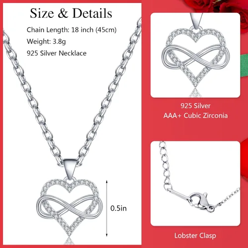 Vista 2 de Infinity Heart Necklace for Women Girls, 925 Silver and 3A+ Cubic Zirconia Jewelry Necklaces for Women, Girlfriend and Wife, Love Heart Pendant