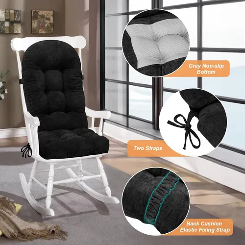 Vista 4 de Cojín para Silla Mecedora - Tela de Chenilla, Esponja de Alta Densidad, Almohadillas de Asiento Copetudas Antideslizantes y Duraderas con Lazos