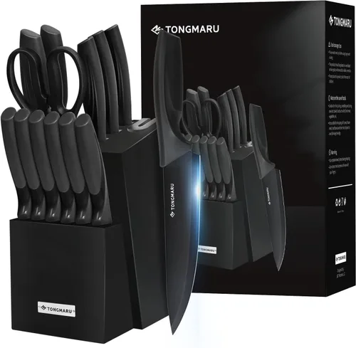 Vista 7 de Juego de cuchillos con afilador, juego de 15 cuchillos de acero inoxidable de alto carbono, juego de cuchillos de acero inoxidable, juego de Negro