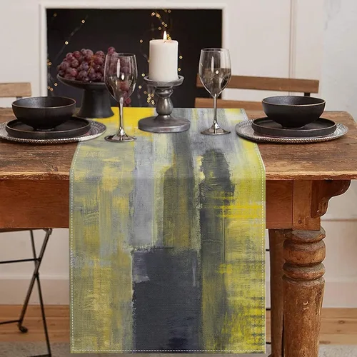 Vista 12 de Emvency - Camino de mesa de estilo granja, pintura de arte abstracto vintage en azul y gris para mesa de cocina, cenas familiares, fiestas, bodas
