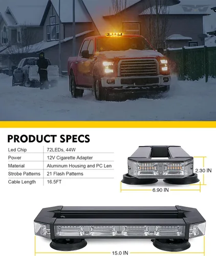 Vista 7 de LUMENIX Barra de luces estroboscópicas de baliza para techo, barra de luces LED ámbar de seguridad de tráfico de emergencia con base magnética