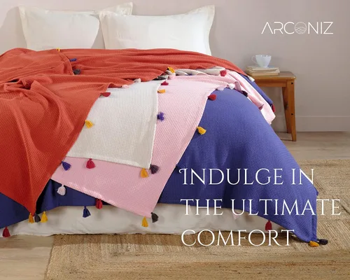 Vista 6 de Manta 100% algodón, suave, lisa y duradera, para sofá, cama, estilo piqué con decoración de pompones, mantas de algodón tamaño Queen, ideal