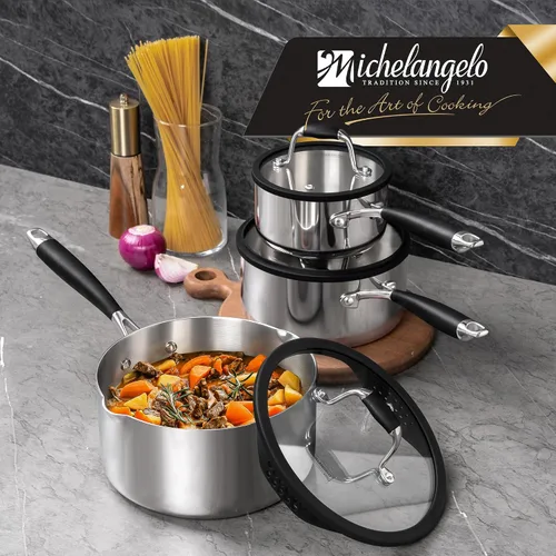 Vista 8 de MICHELANGELO Juego de cacerolas de acero inoxidable triple con tapa colador, olla de salsa resistente con tapa, olla de salsa multiusos compatible
