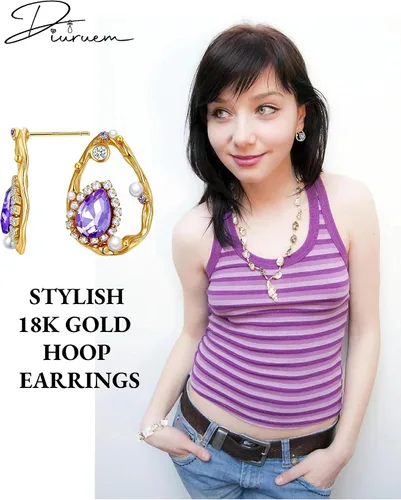 Vista 4 de Pendientes morados para mujer, aretes morados y dorados para mujer con circonita de amatista en forma de lágrima, perlas y pavés de cristal, aretes