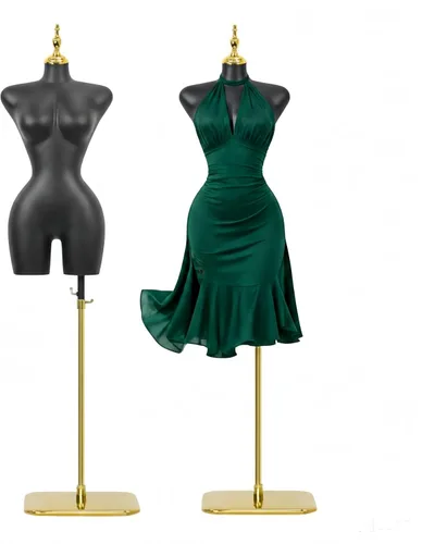 Vista 13 de Modelo de torso de maniquí femenino dorado y plateado con altura ajustable y soporte de base de metal para tienda de ropa al por menor (negro, L)