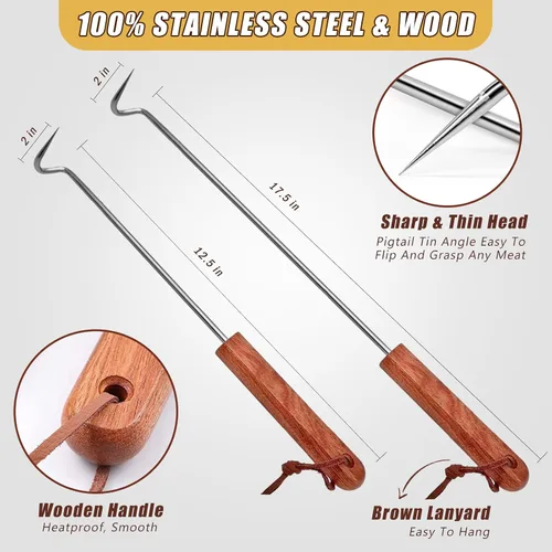 Vista 7 de 2 ganchos giratorios de acero inoxidable para barbacoa, ganchos de barbacoa para cocinar, accesorios de parrilla con mango de madera para asar