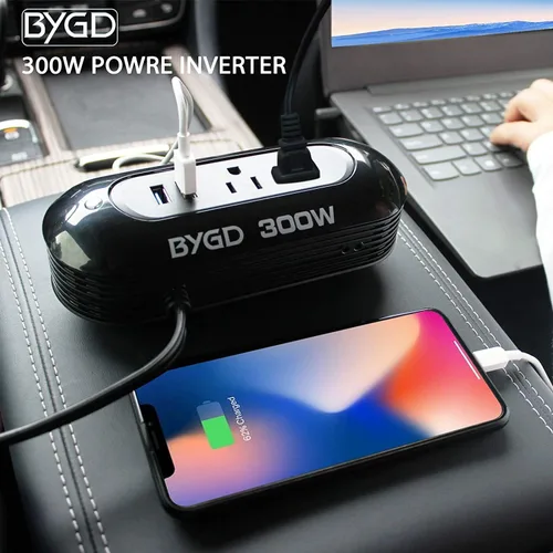 Vista 6 de Inversor de corriente para automóvil de 300 W, convertidor de CC de 12 V a 110 V CA, dos salidas de CA y puertos de carga rápida USB duales de 2.4