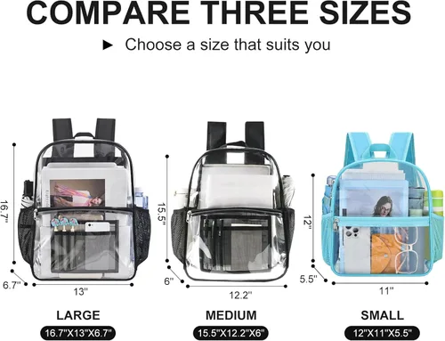Vista 4 de Mochila transparente USPECLARE aprobada para estadio 12×6×12, Bolso transparente resistente al agua para eventos de estadio, conciertos, trabajo