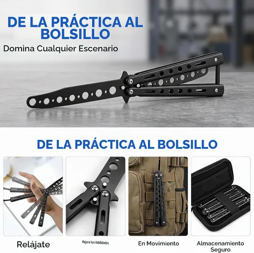 Vista 3 de Little World Cuchillo de mariposa – Paquete de 2 herramientas de práctica de acero de metal – Cuchillo plegable sin afilar – Cuchillo de mariposa