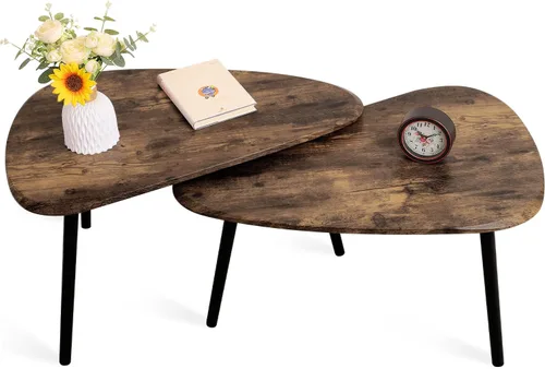 Vista 3 de Mesas de centro anidadas, mesa anidada con patas de madera, juego de 2 mesas auxiliares triangulares para sala de estar, dormitorio, bambú Tigre