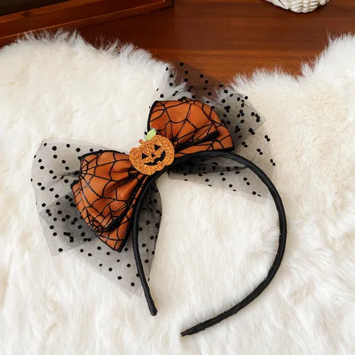 Vista 3 de Diadema de lazo de Halloween con diseño de calabaza con diseño de malla Headands Ornage para Acción de Gracias, fiesta de Halloween, accesorios
