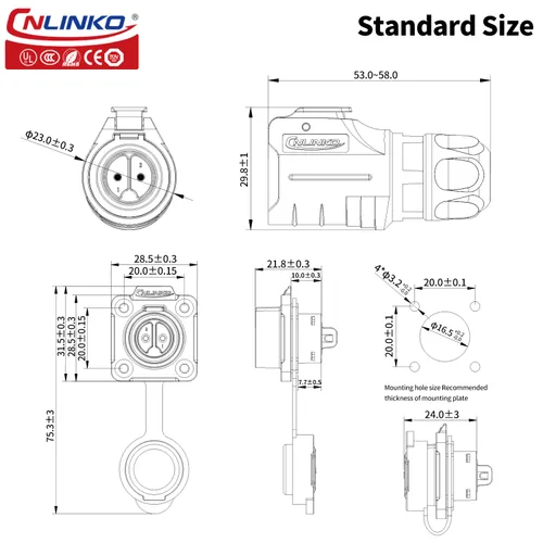 Vista 4 de CNLINKO Conector de enchufe macho y hembra de 2 pines industrial impermeable de alimentación, conector circular de cable M16 10A, conector ciego