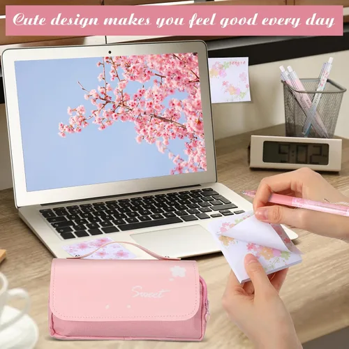 Vista 3 de Crtiin Juego de 74 piezas de papelería Kawaii con diseño de flor de cerezo, bolsa de lápices japonesa Kawaii, lápiz mecánico, borradores de cereza