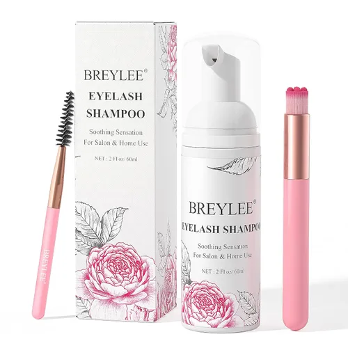 Vista 10 de BREYLEE Champú para pestañas de 100 ml para extensiones de pestañas, secador de pestañas en abanico + botella de enjuague + cepillos + puff