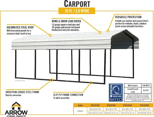 Vista 10 de Arrow Carports - Cochera de acero galvanizado, kit de cochera de metal compacto, 10 x 15 x 7 pies, cáscara de huevo Eggshell