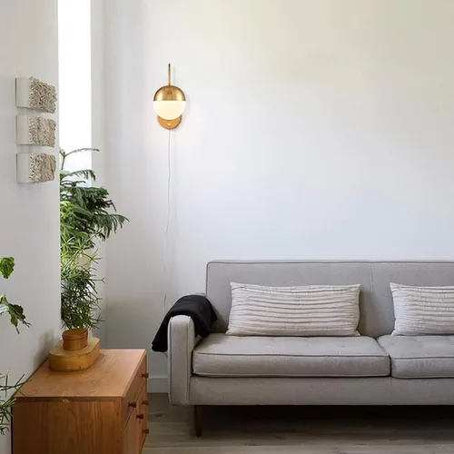 Vista 10 de Lámpara de pared moderna de mediados de siglo con interruptor, lámpara de pared dorada con acabado de latón, lámpara de pared con globo de vidrio