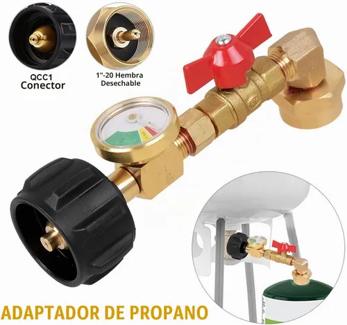 Vista 3 de Adaptador de recarga de propano con válvula y medidor, llena botellas de 1 libra desde tanque de 20 libras. Se ajusta a tanque de propano QCC1