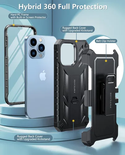 Vista 2 de FNTCASE Funda para iPhone 12-Pro-Max: con protector de pantalla integrado, soporte y funda con clip para cinturón, funda protectora militar