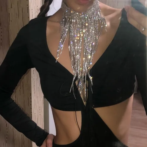 Vista 3 de Flyonce - Collar con diamantes de imitación para mujer, gargantilla con borla estilo pechera, joyería para fiesta formal