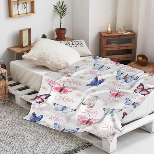 Vista 5 de Manta personalizada con nombre de mariposa, regalos personalizados para adultos, manta personalizada para hombres y mujeres, manta de franela