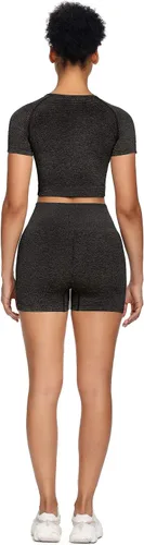Vista 5 de Sytiz Conjunto de 2 piezas de yoga sin costuras para mujer, pantalones cortos de gimnasio y camiseta corta de manga corta