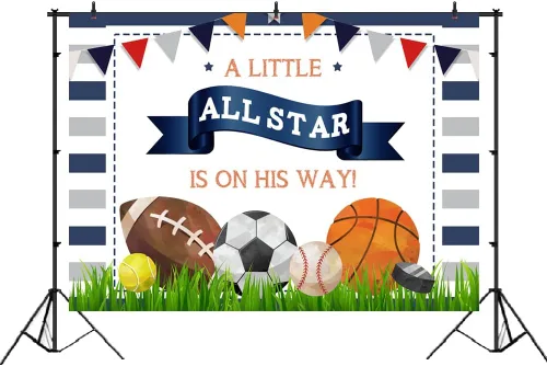 Vista 2 de Lofaris A Little All Star is On His Way - Telón de fondo para baby shower, niños, deportes, cumpleaños, fútbol, baloncesto, tenis, golf, recién
