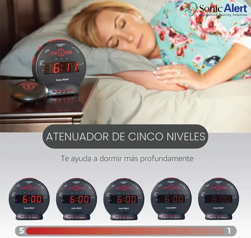 Vista 3 de Sonic Bomb - Reloj despertador doble extra fuerte con vibrador de cama, negro Sonic Alert vibrante, para personas de sueño pesado, batería