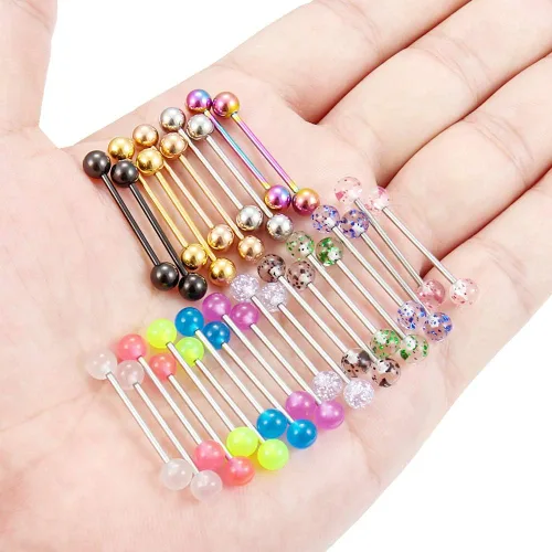 Vista 3 de SCERRING 15 pares 16G 14G acero inoxidable lengua aro pezón pezones anillos acrílico brillante en bolas oscuras piercing cuerpo joyería retenedor